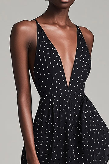 Chiffon A Line Black White Polka Dot Graduation Dress with Slit